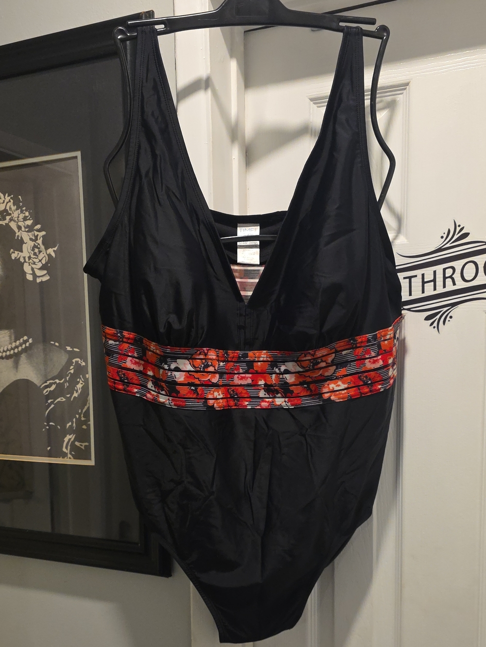 Time and Tru Black One-Piece Swimsuit with Red Floral Waistband